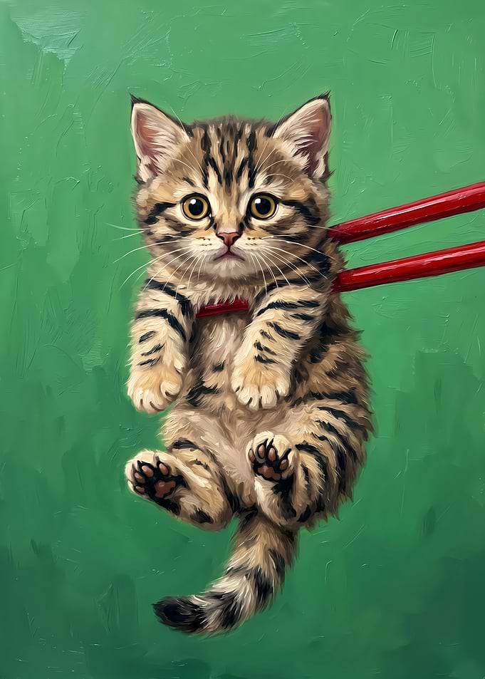 Cute Tabby Kitten Held by Chopsticks