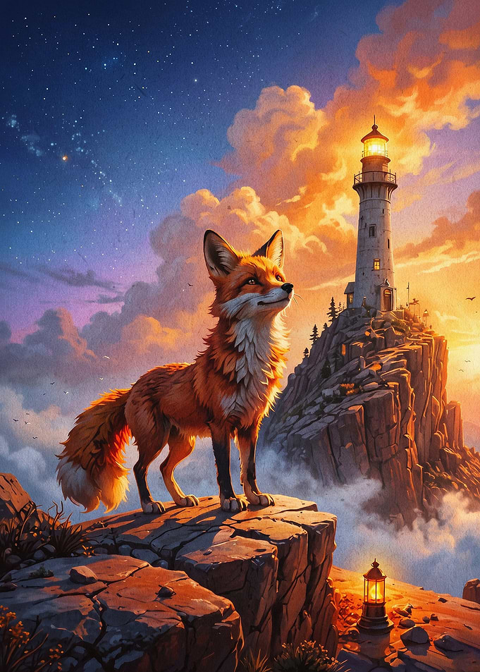 Fox Lighthouse Sunset Fantasy Art