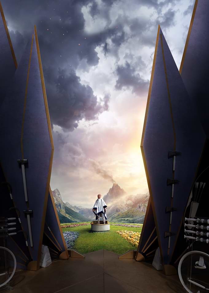 Warrior Standing Before Mountain Gateway