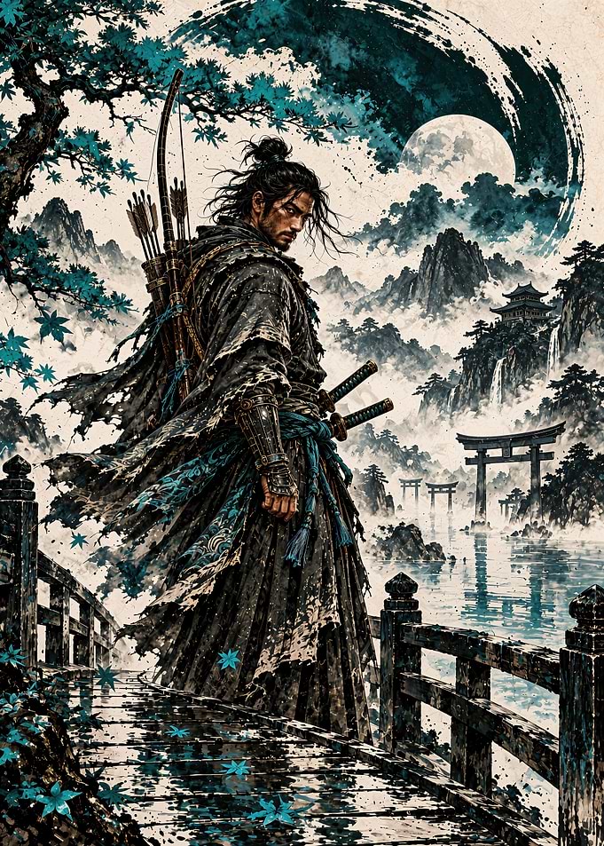 Samurai Warrior on Traditional Bridge