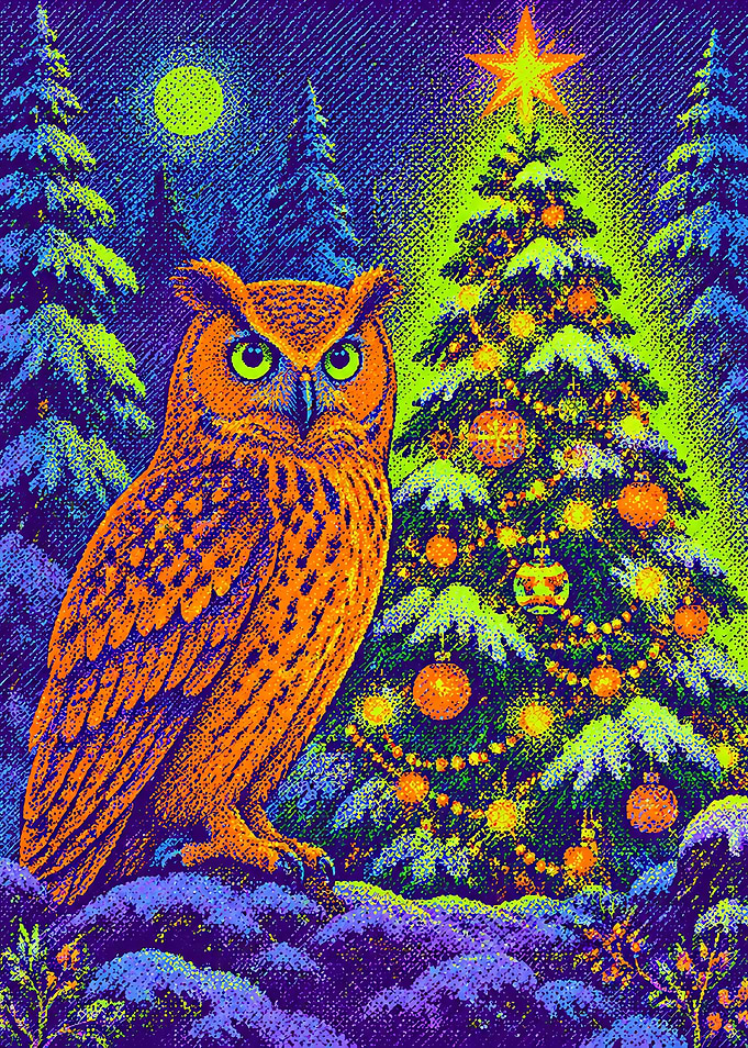 Neon Owl and Christmas Tree