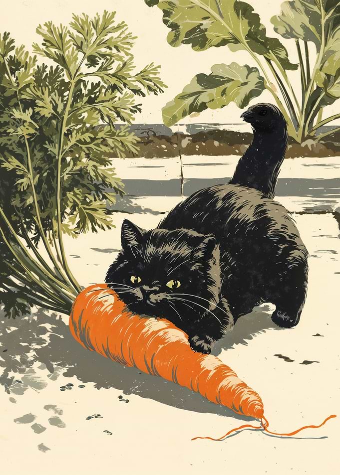 Black Cat Biting Giant Carrot In Garden