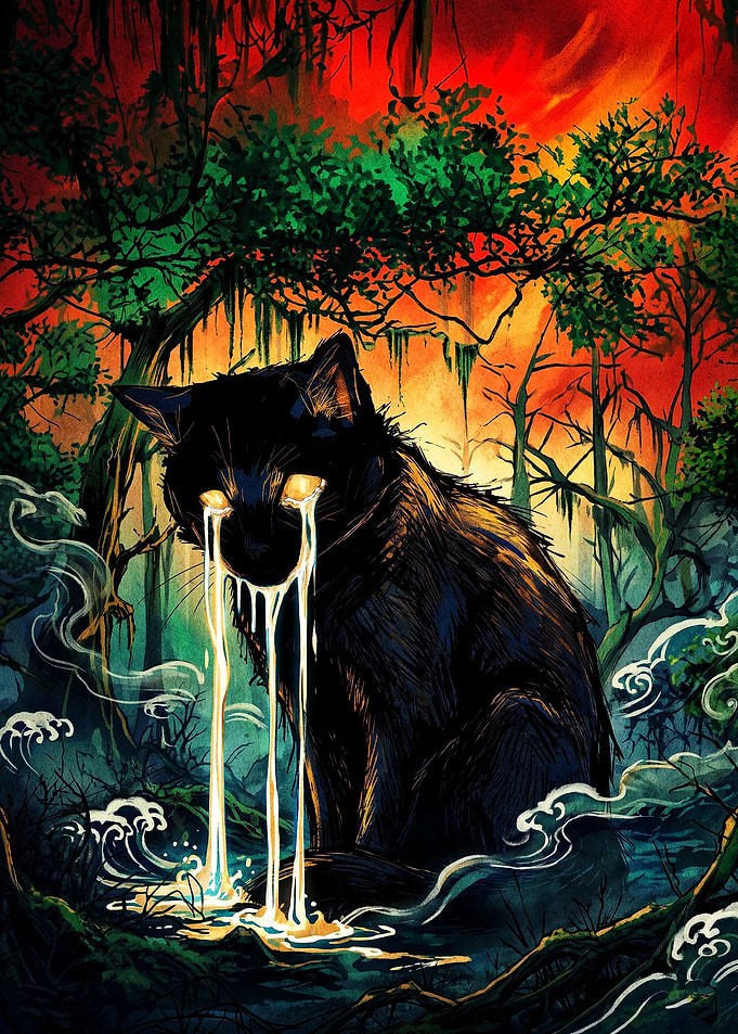 Crying Black Cat in Surreal Forest