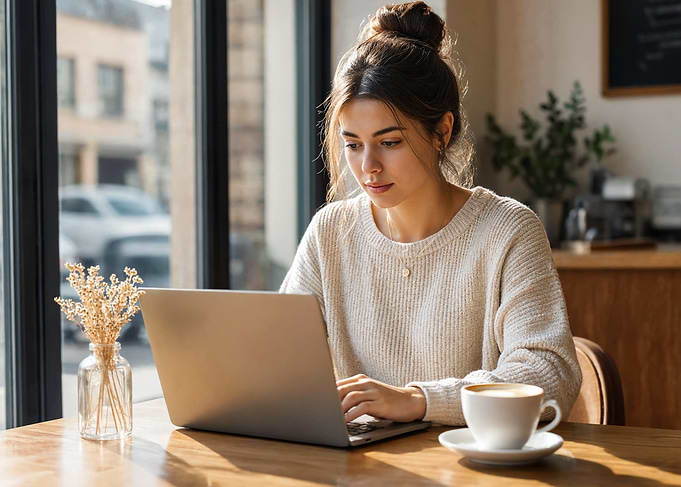 Woman working on laptop in cafe