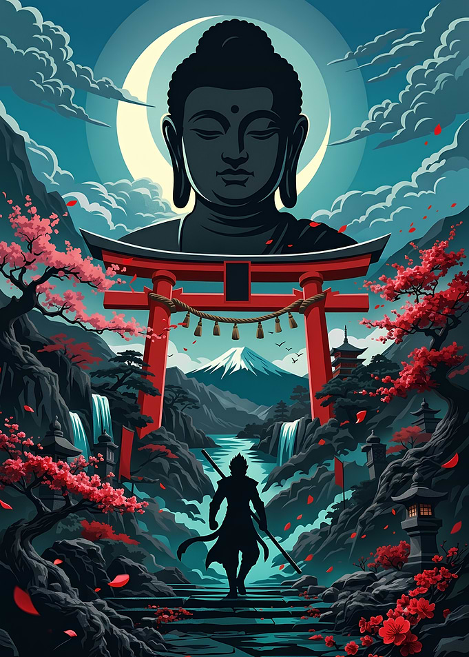 Warrior Before Buddha and Torii Gate