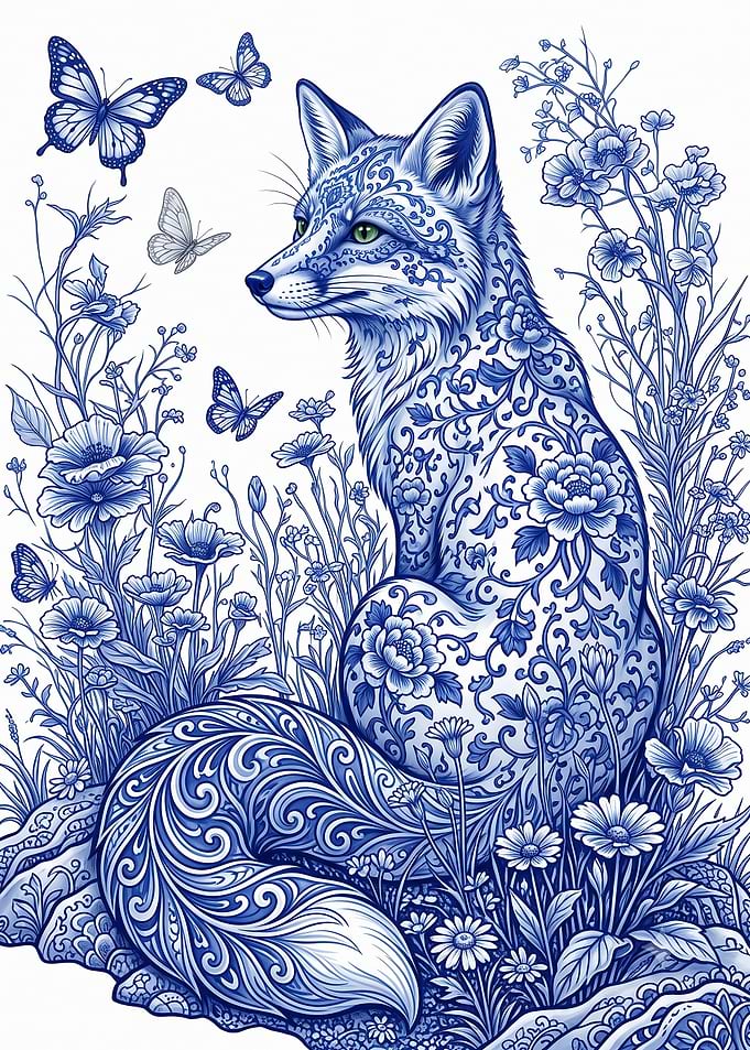 Blue and White Porcelain Style Fox