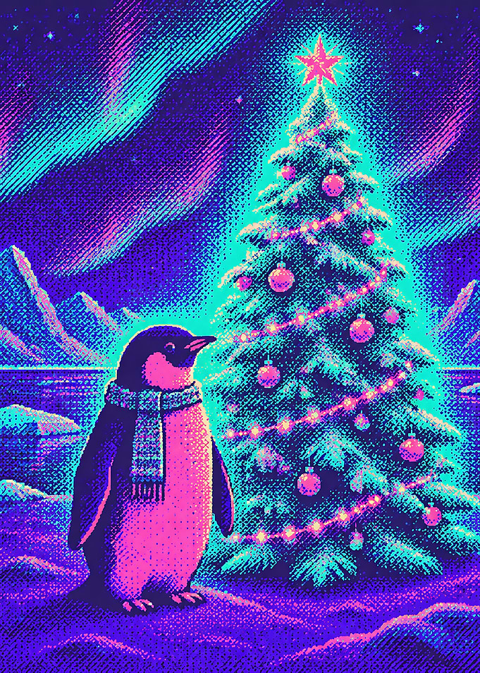 Neon Penguin Christmas Tree Art