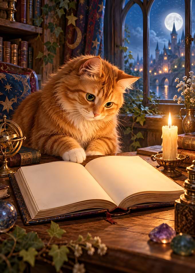 Ginger Cat Reading in Magical Library