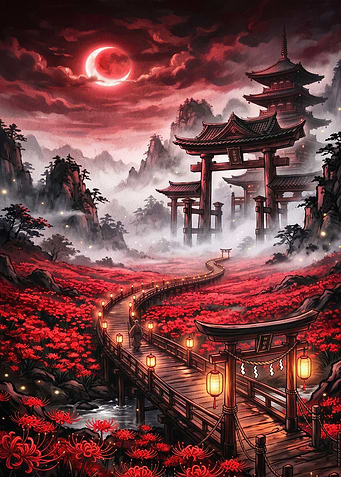 Japanese Temple Red Moon Dark Art