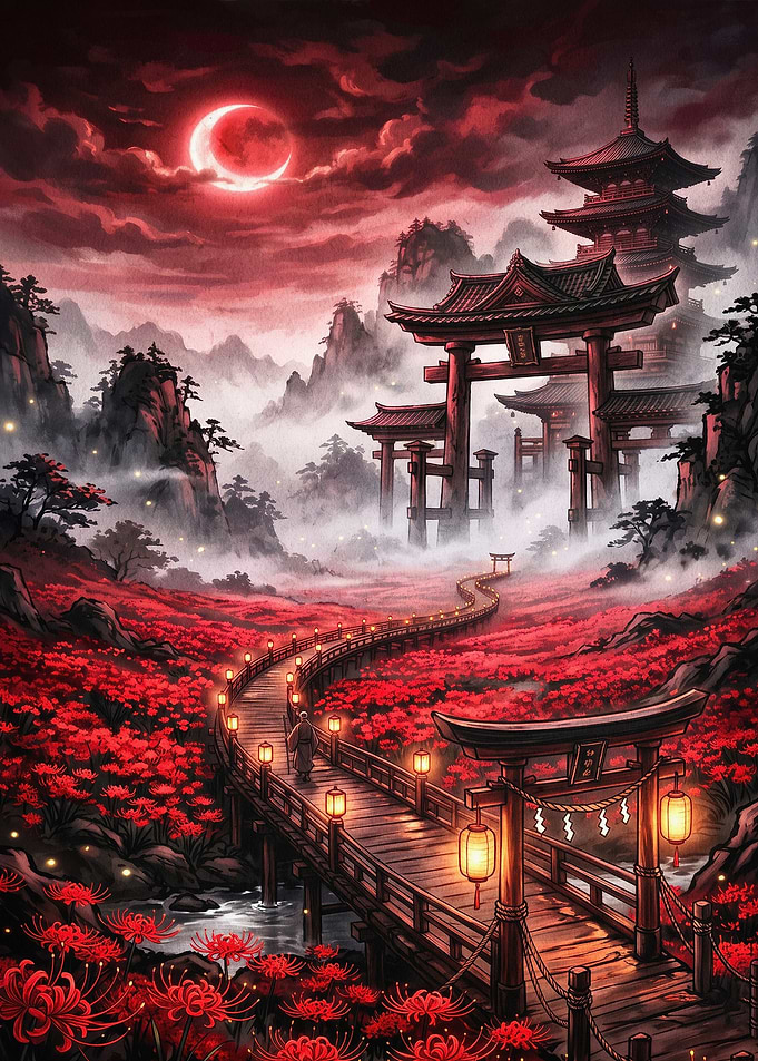 Japanese Temple Red Moon Dark Art