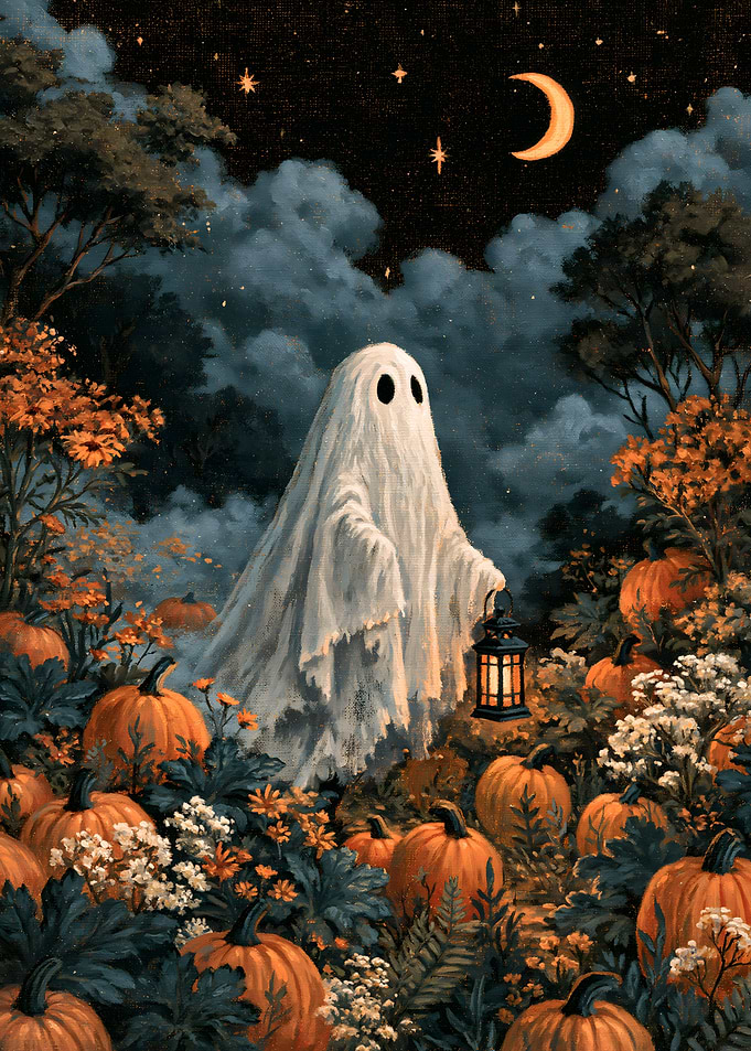 Cute Ghost with Lantern in Pumpkin Patch