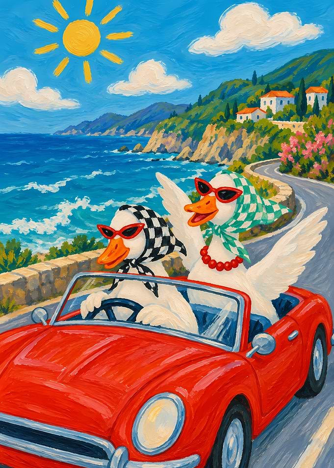 Ducks Driving a Red Convertible