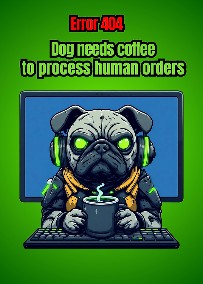 Cyberpunk Mecha Pug Dog Gaming Needs Coffee