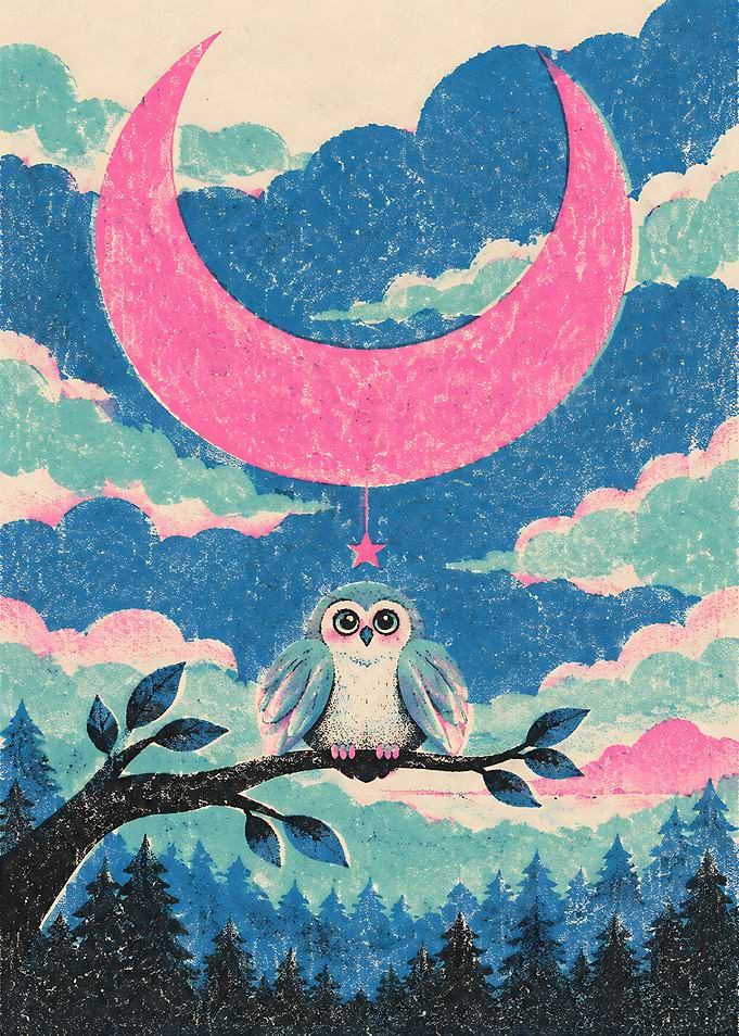 Cute Owl Under Pink Crescent Moon