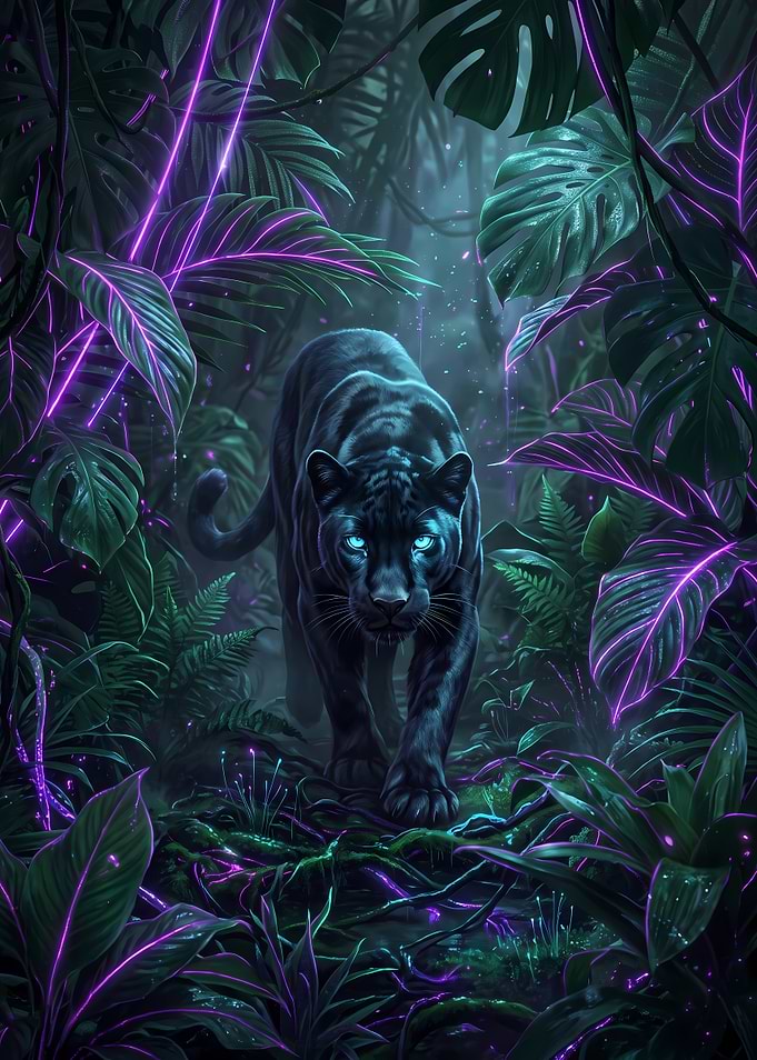 Neon Panther in Glowing Jungle