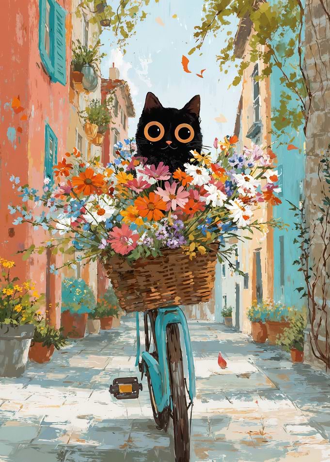 Black Cat In Bicycle Basket With Flowers