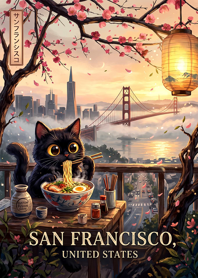 Black Cat Eating Ramen in San Francisco