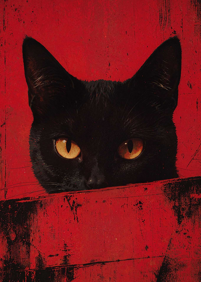 Black Cat Peeking Over Red Wall