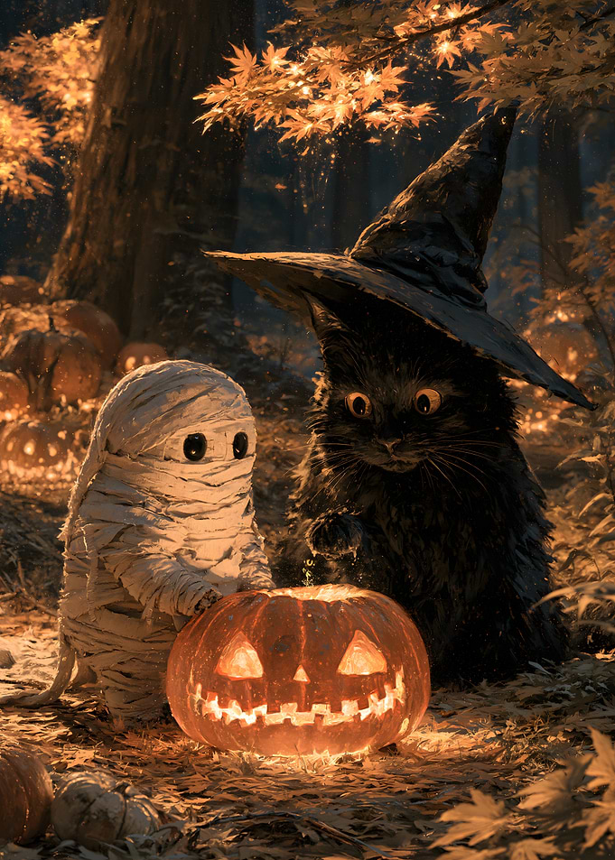 Cute Mummy and Witch Black Cat Halloween Pumpkin
