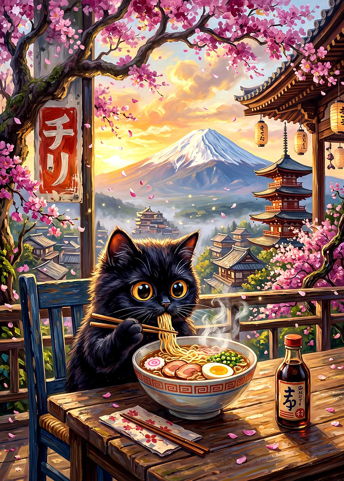 Black Cat Eating Ramen in Japan