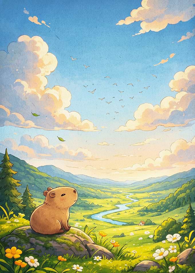 Capybara Valley Scenic Anime Poster