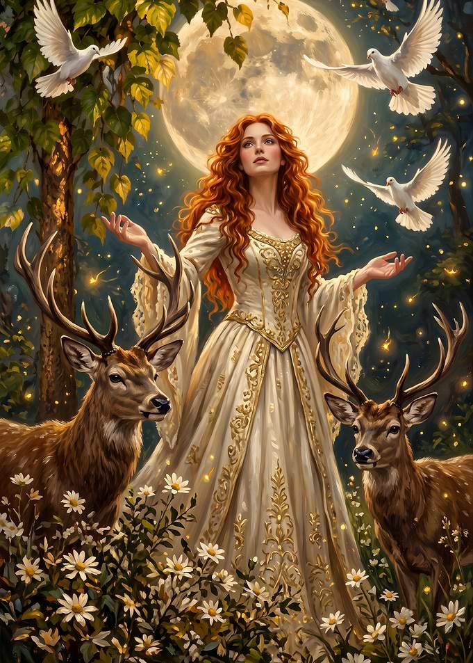 Fantasy Goddess with Deer and Doves