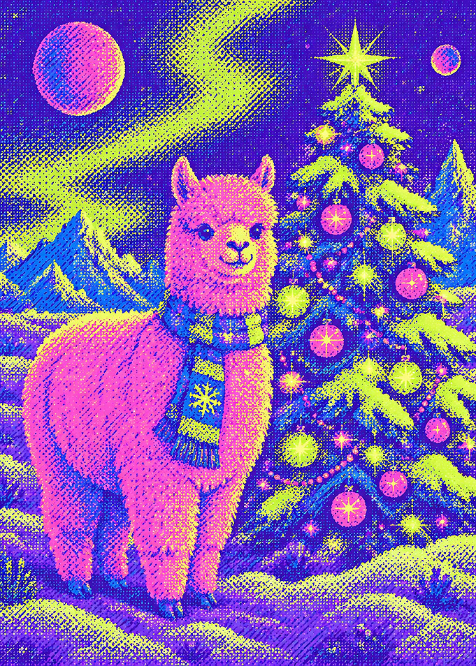 Neon Llama Christmas Scene
