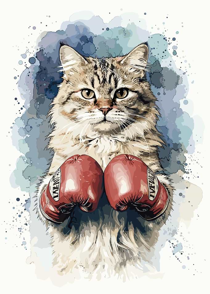 Watercolor Boxing Cat Illustration