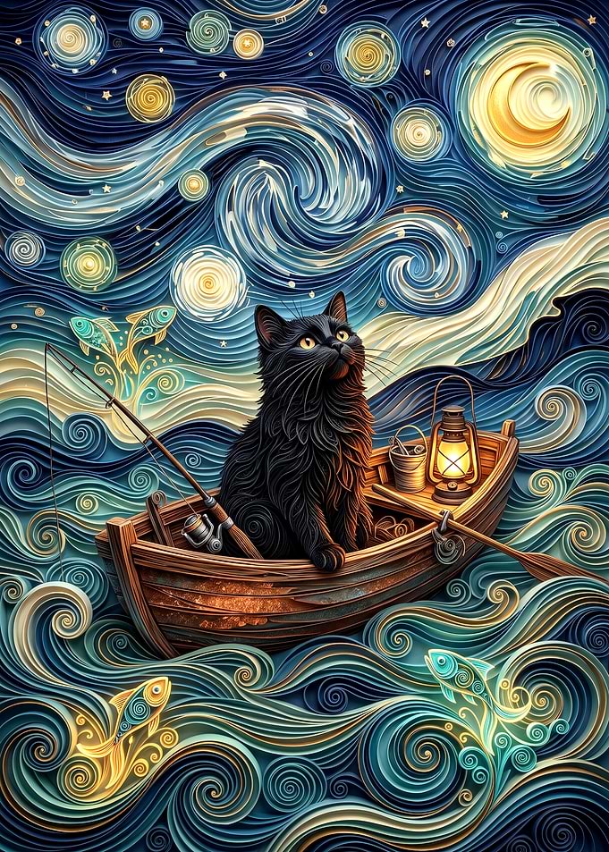 Black Cat Fishing in Starry Night