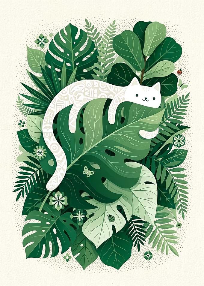 White Cat Resting in Tropical Foliage