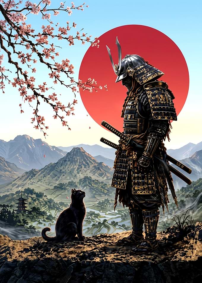 Samurai and Black Cat in Japan