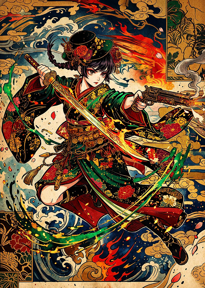 Samurai Girl with Sword and Pistol