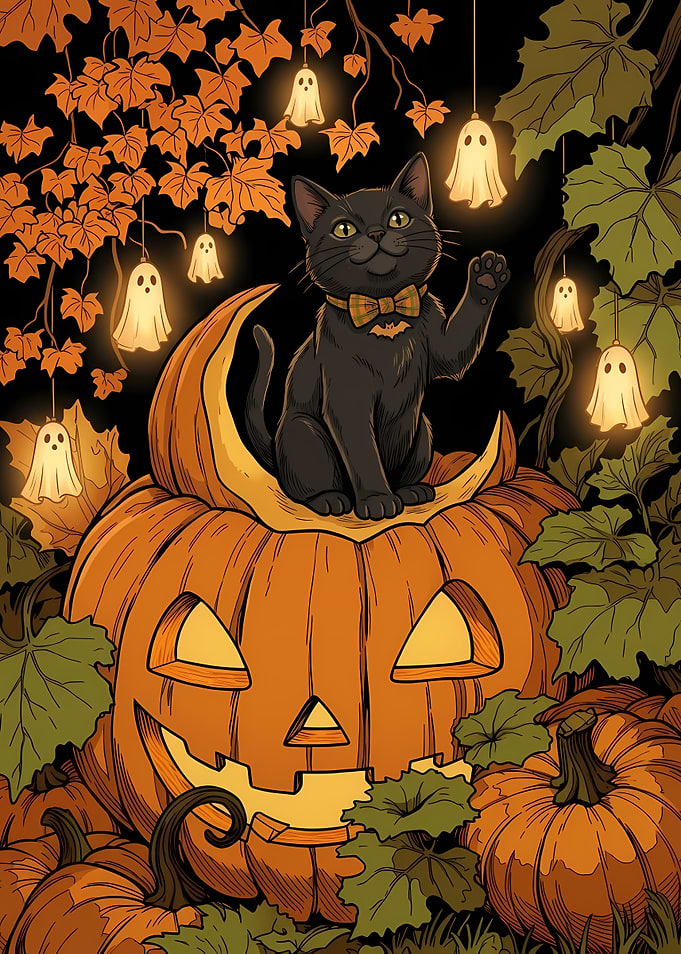 Black Halloween Cat Jack o Lantern Pumpkin Cute