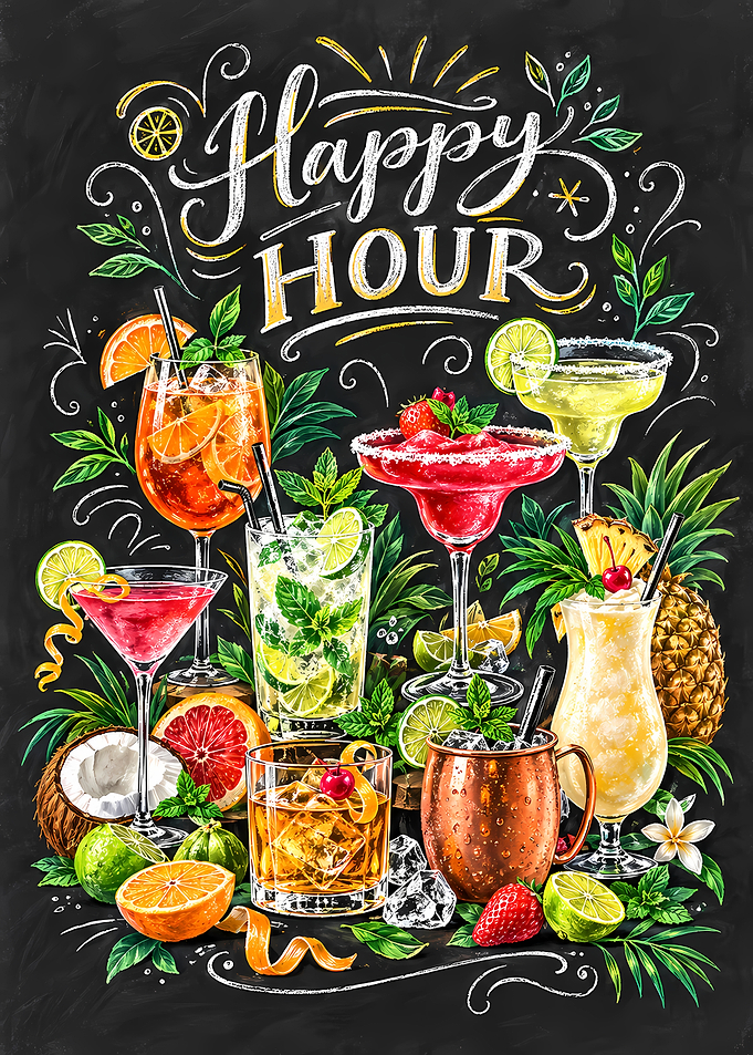 Happy Hour Chalkboard Cocktail Illustration