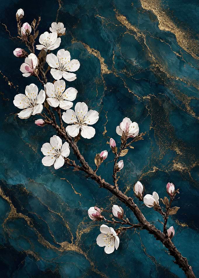 White Cherry Blossoms on Teal Marble