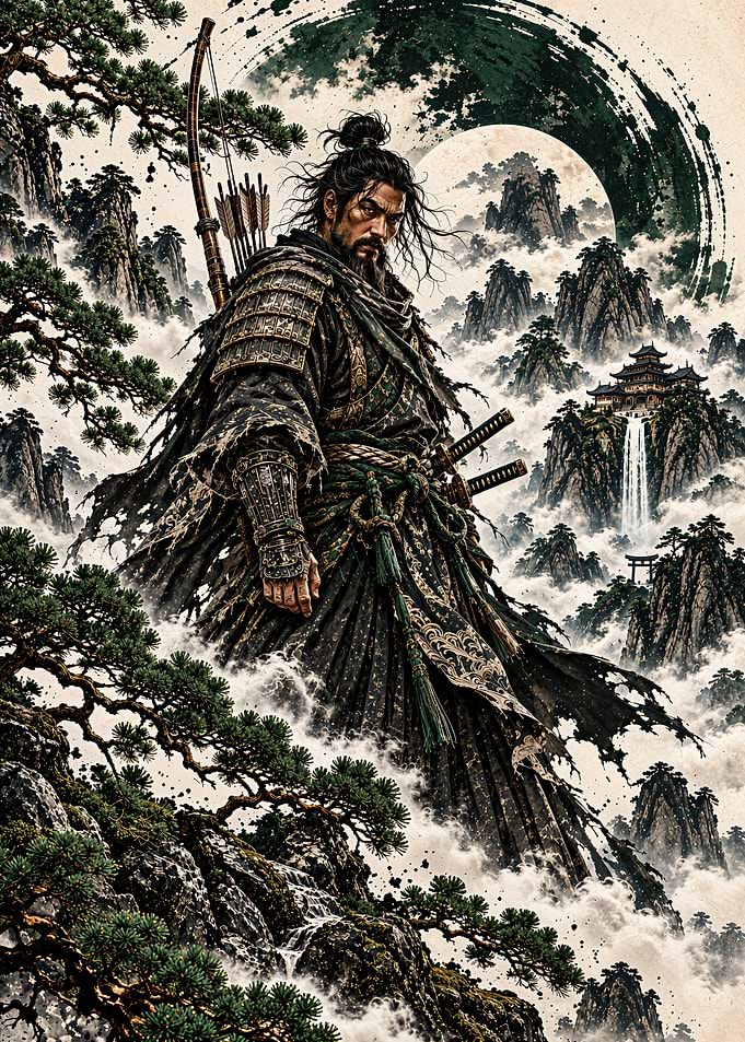 Samurai Warrior in Misty Mountains