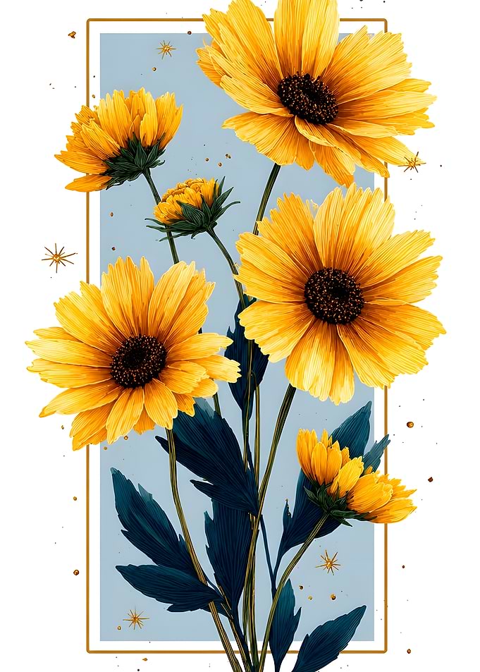 Elegant Yellow Sunflowers Botanical Illustration
