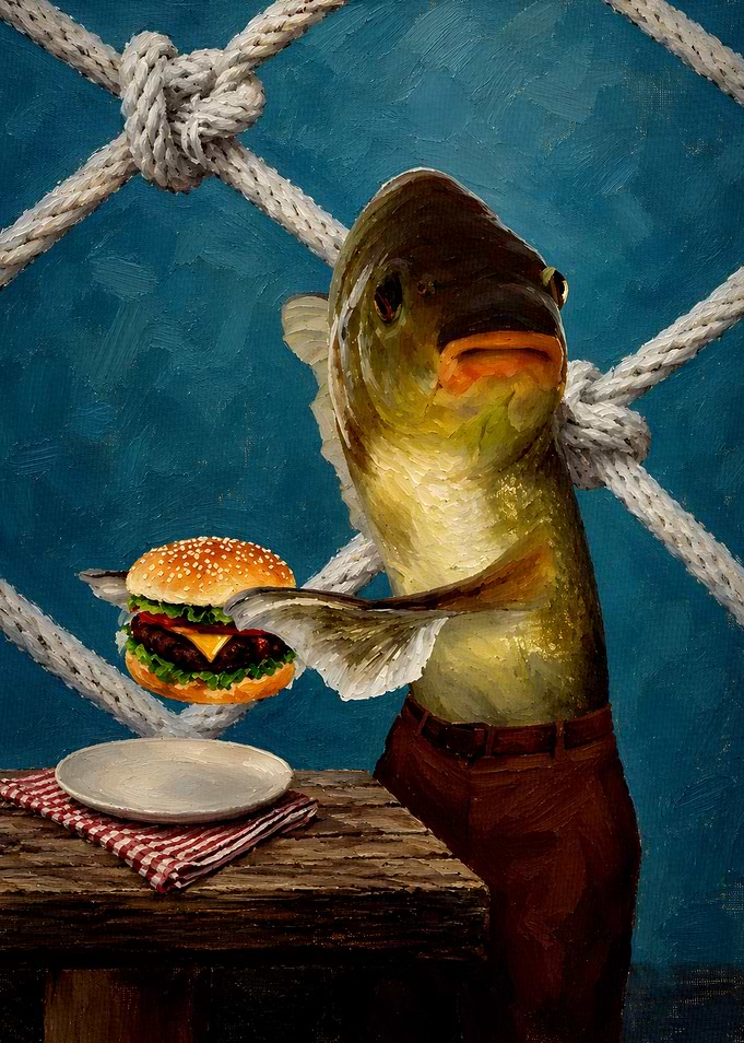 Surreal Fish Serving a Cheeseburger