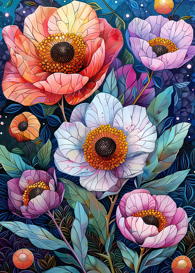 Vibrant Stained Glass Style Floral Art