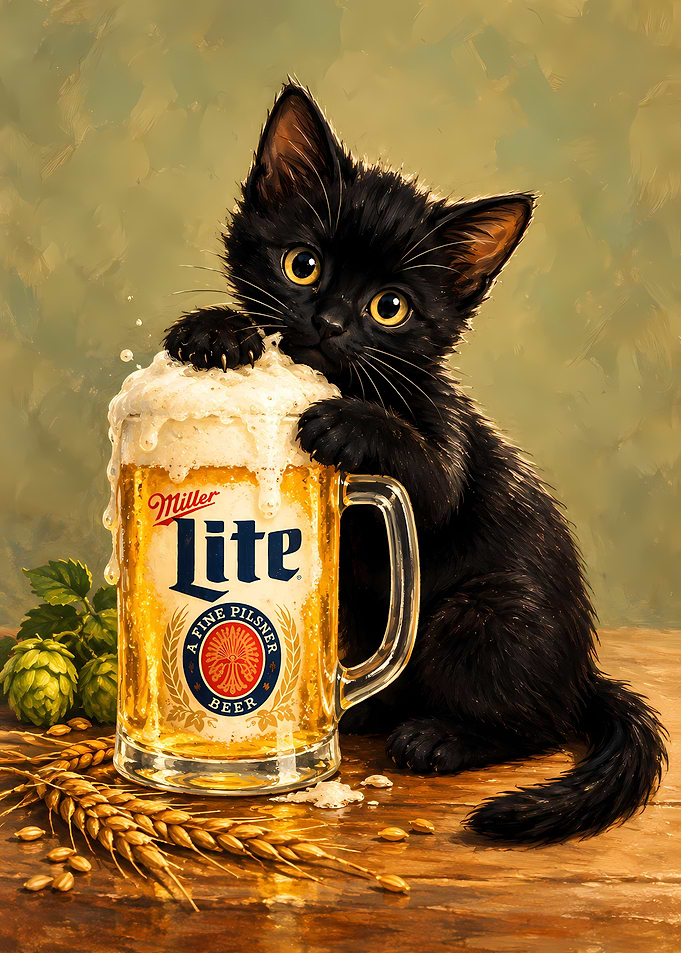 Cute Black Kitten with Miller Lite