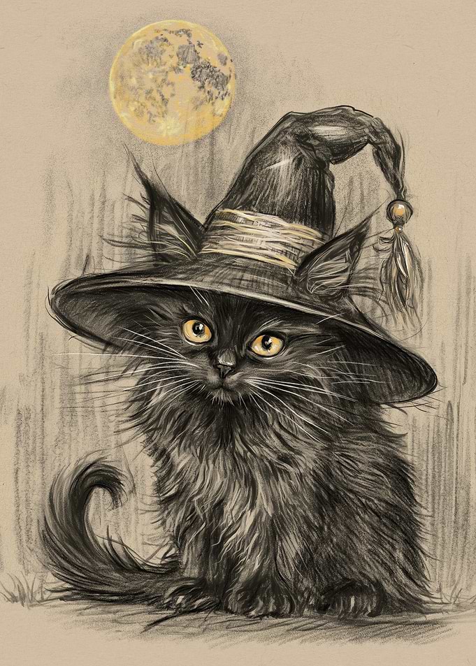 Cute Black Kitten Witch