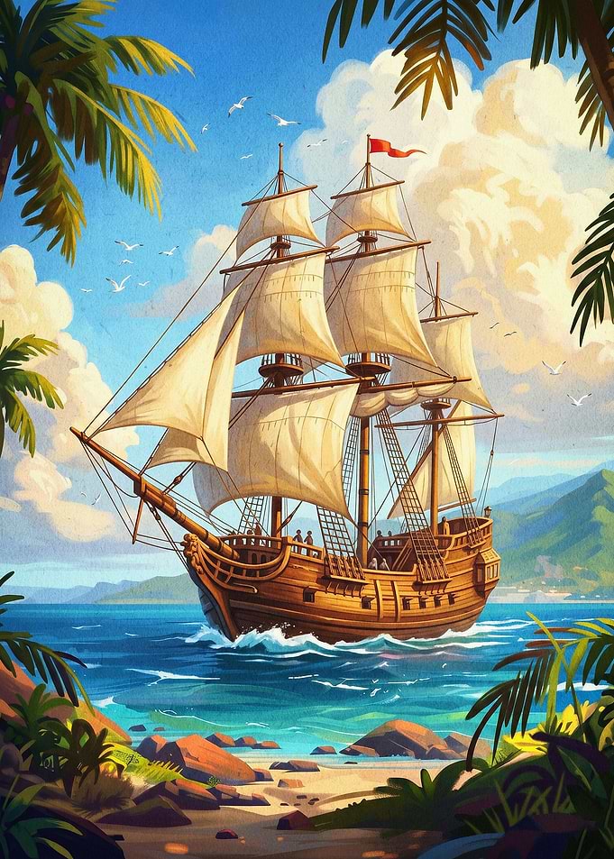 Pirate Ship Ocean Vintage Poster