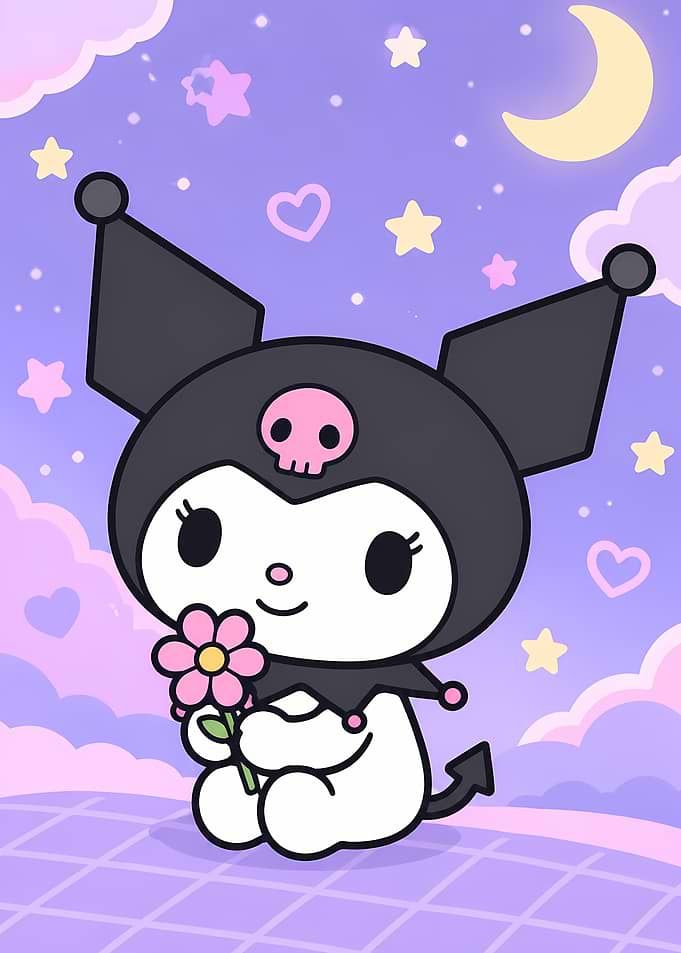 Kuromi Holding a Pink Flower