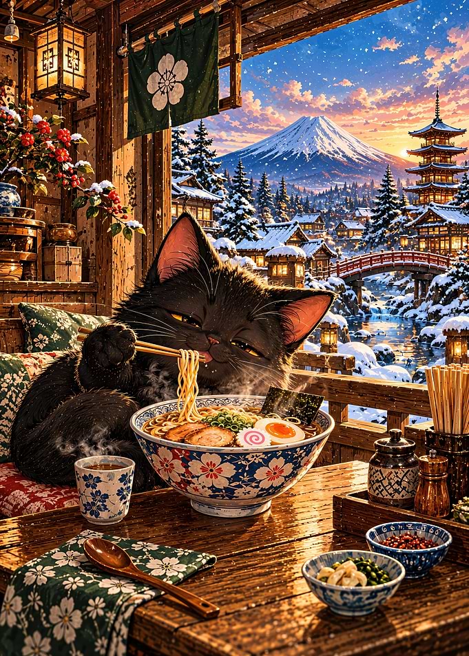 Black Cat Eating Ramen by Mount Fuji