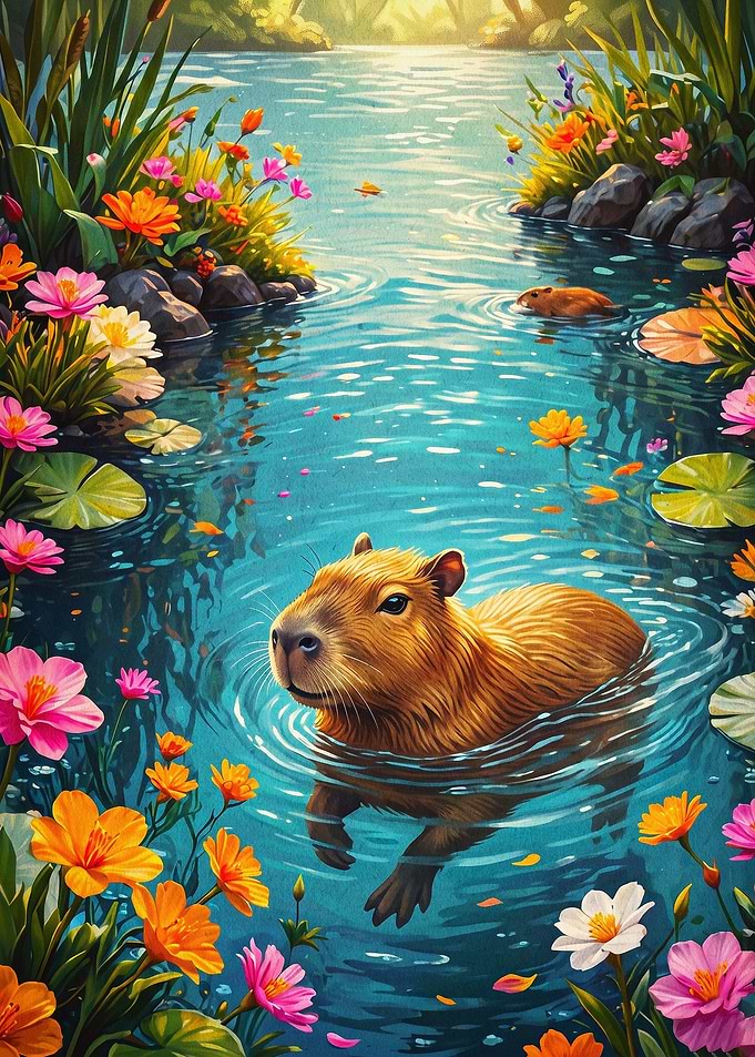 Capybaras In River Floral Art