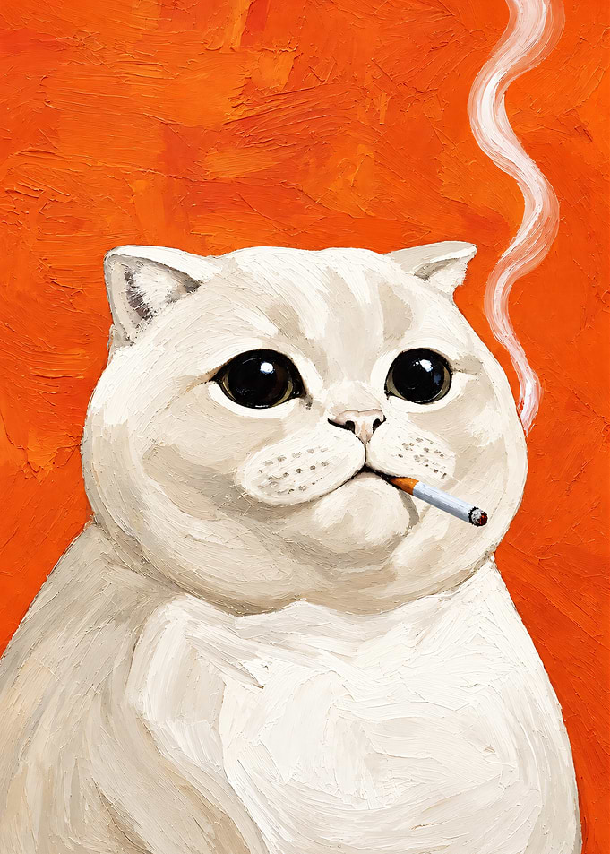 Oil Painting of Smoking White Cat