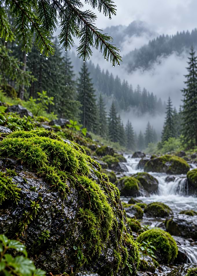 Misty Mountain Stream and Mossy Rocks