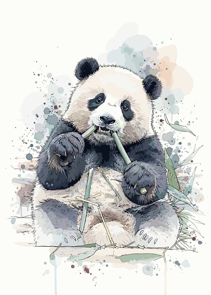 Watercolor Panda Eating Bamboo