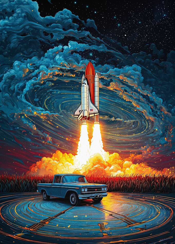 Rocket Launch Retro Car Space Art