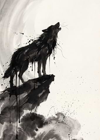 Ink Wash Painting of Howling Wolf